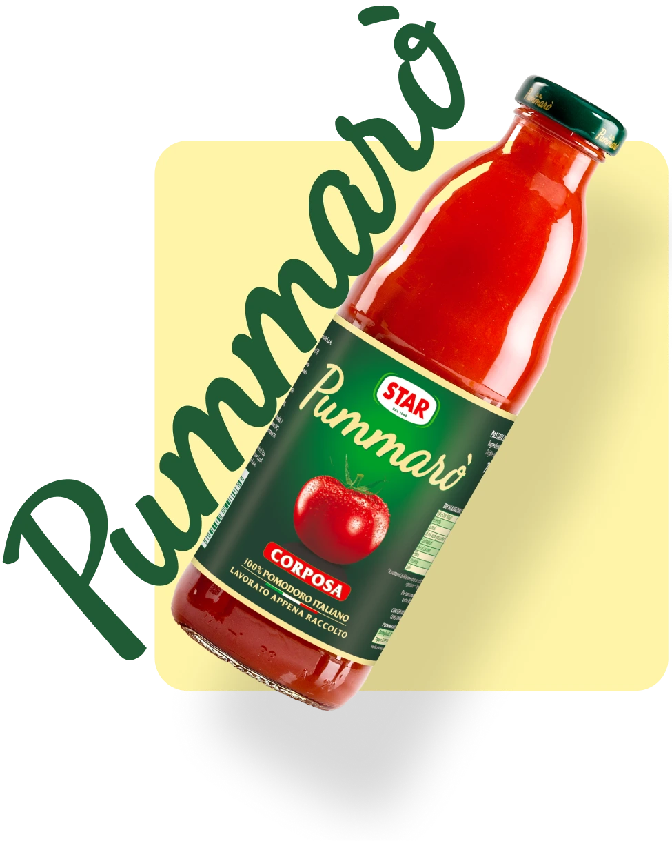 Passata di pomodoro Pummarò 100% italiana, vellutata e corposa, senza bucce né semi.